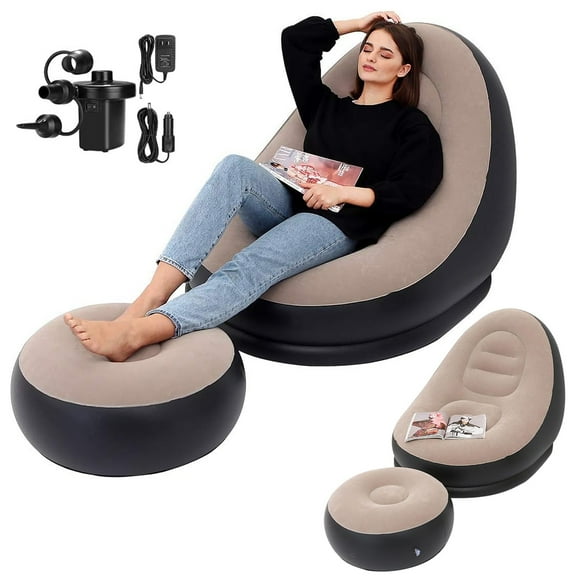 DICEEVIL Inflatable Deck Chair with Air Pump, Foldable Patio Lounge Chairs with Footstool, Lazy Sofa Lounge Bed Chair for Bedroom, Living Room, Outdoor Travel, Beach Chaise Lounges, Brown