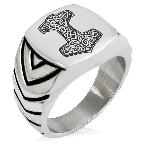 Stainless Steel Thor's Hammer Mjolnir Knot Viking Norse Chevron Pattern Biker Style Polished Ring