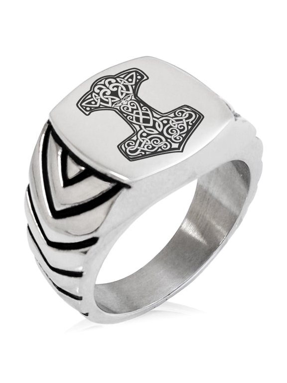Stainless Steel Thor's Hammer Mjolnir Knot Viking Norse Chevron Pattern Biker Style Polished Ring
