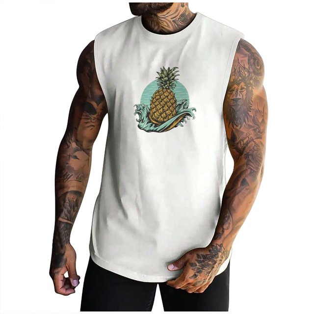 JHLZHS Mens Tank Tops Graphic Rock Bands Mens Athletic Tank Tops Pineapple Print Sleeveless Crew Neck Tshirts Summer Leisure Fitness Vest Gym Outfits Summer Tank Tops Men's Tank Tops White Cotton