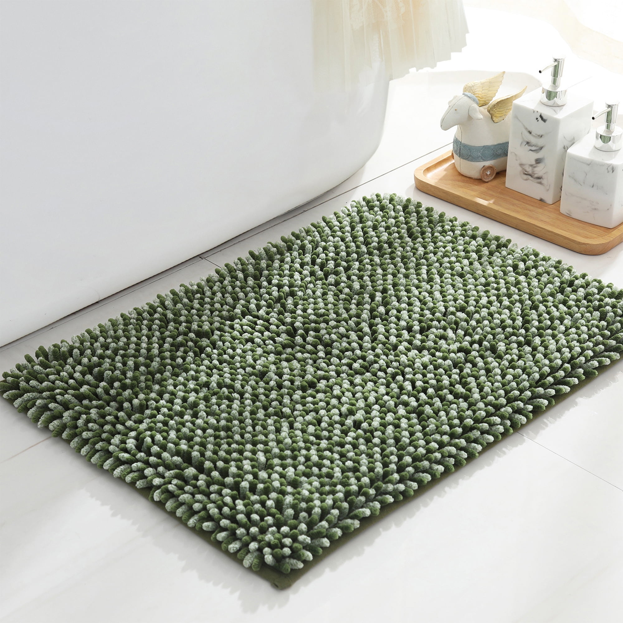 Unique Bargains Non Slip Absorbent Chenille Bathmat Washable Soft Bath Rug Green 17" x 24"