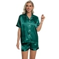 thumbnail image 5 of DAKIMOE Womens Silky Satin Pajama Set Short Sleeve Shirt with Shorts 2 Piece Pjs Sets Soft Silk Sleepwear Nightwear Button-Down Loungewear S-XL, Dark Green, M, 5 of 10