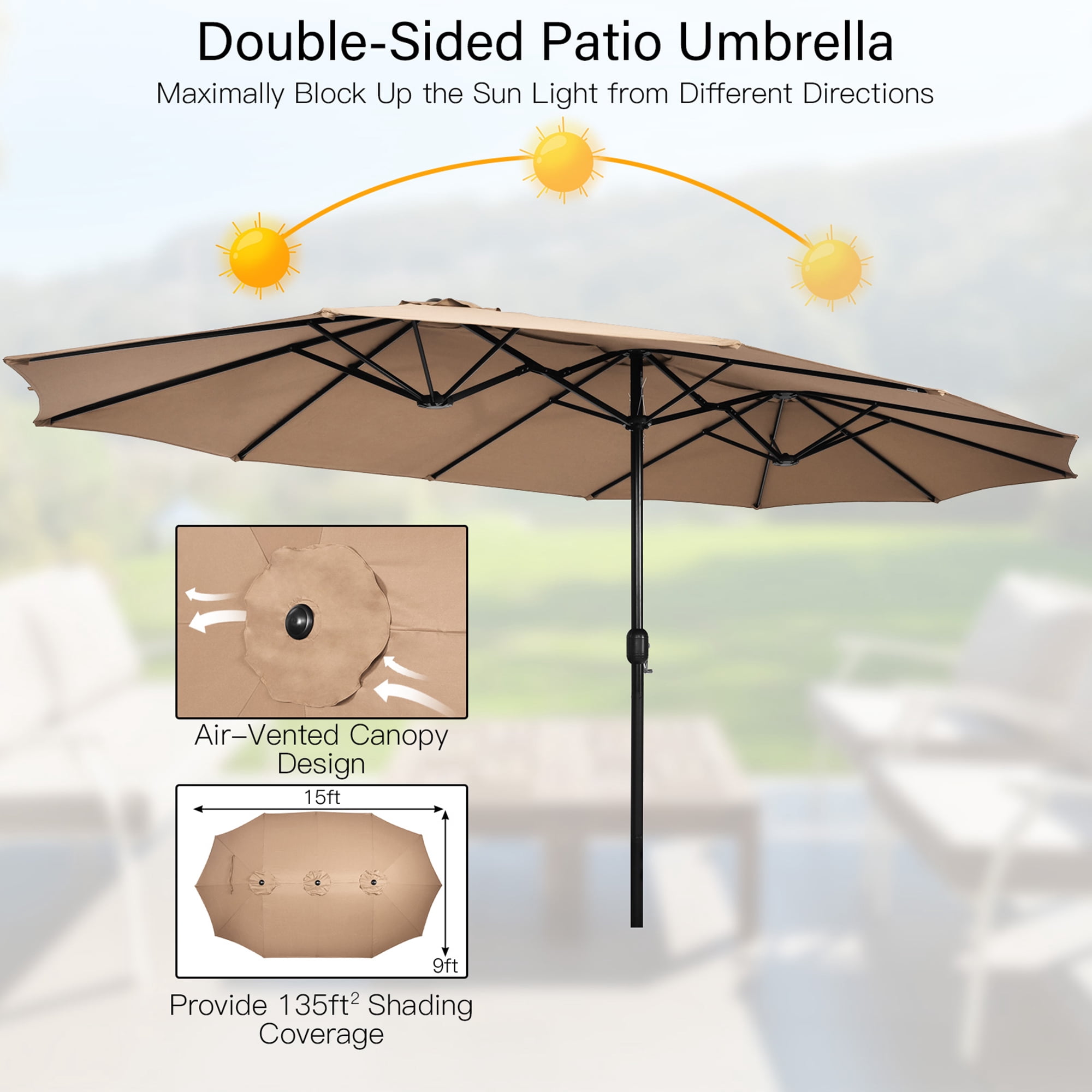 Gymax 15 ft Double-Sided Patio Twin Umbrella Extra-Large Market Umbrella w/ Base Coffee