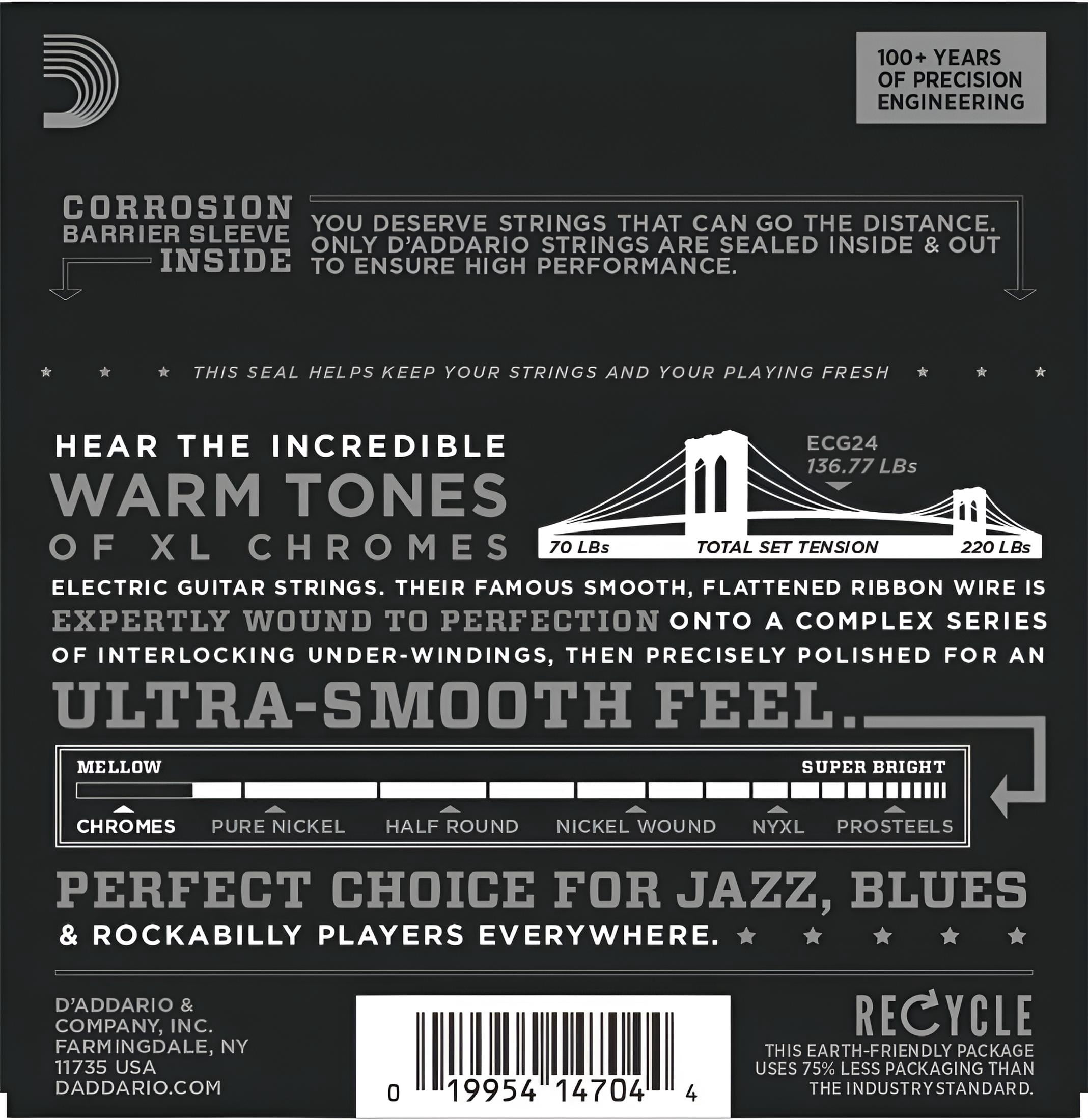 D'Addario ECG24 Chromes Flat Wound Electric Guitar Strings, Jazz Light, 11-50
