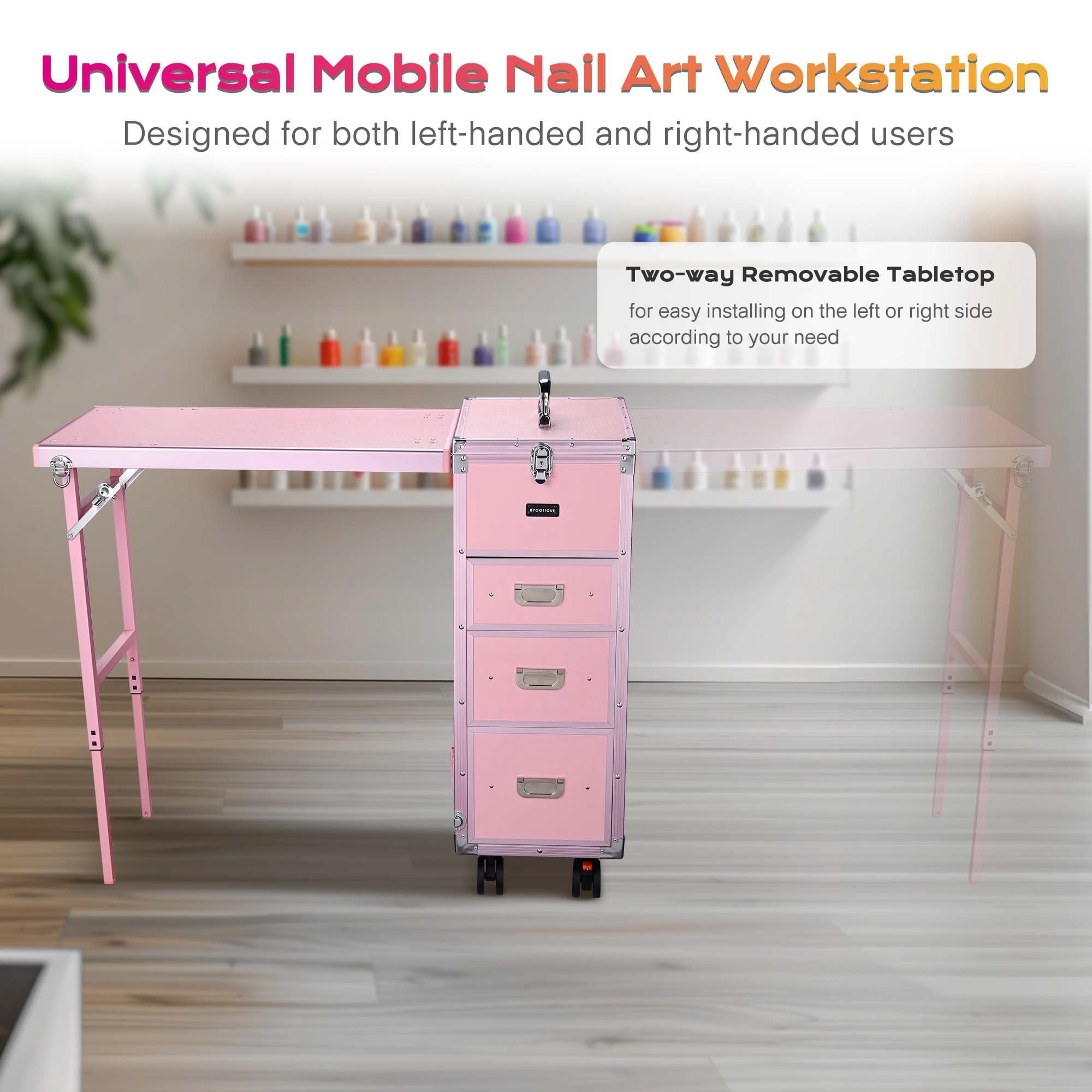 Byootique Nail Desk Mobile Station Rolling Makeup Manicure Table Nail Artist
