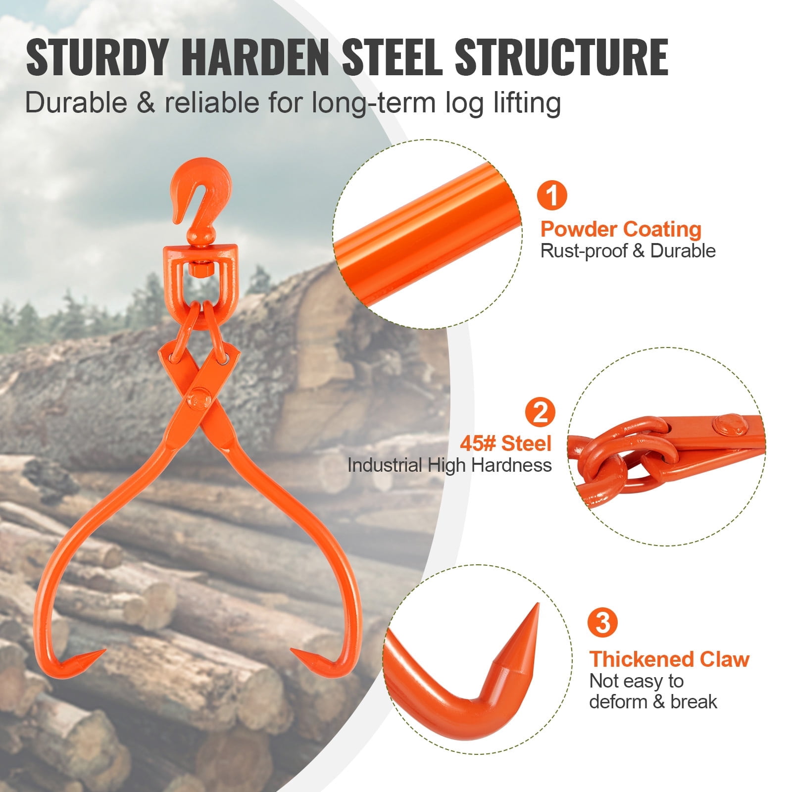 KFFKFF Log Skidding Tongs, 18 inch 2 Claw Log Lifting Tongs, Heavy Duty Rotating Steel Lumber Skidding Tongs, 772 lbs/350 kg Loading Capacity, Log Lifting, Handling, Dragging & Carrying Tool