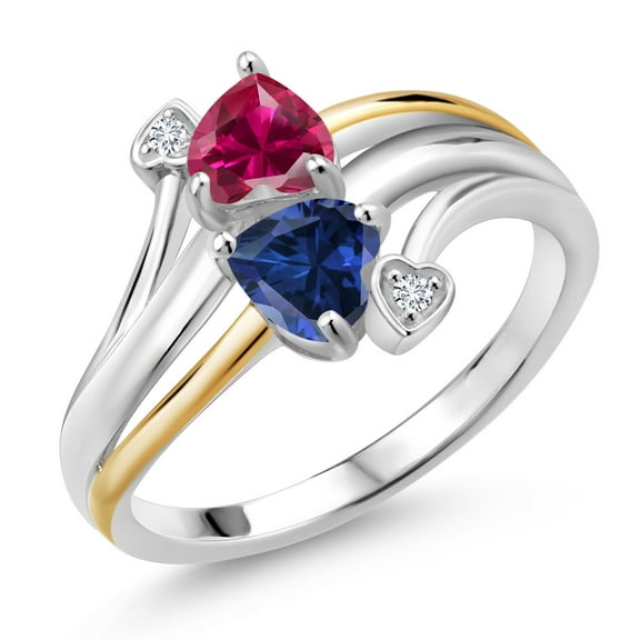 Gem Stone King 1.12 Ct Red Created Ruby Blue Created Sapphire 925 Silver and 10K Yellow Gold 2 Heart Promise Couple Engagement Mother Lab Grown Diamond Ring (Size 6)
