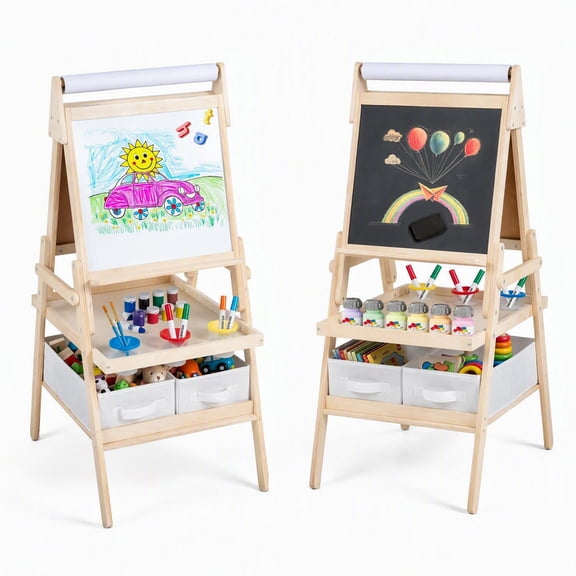 Costway Easel for Kid, Double-sided Kids Easel with Magnetic Whiteboard & Chalkboard Natural