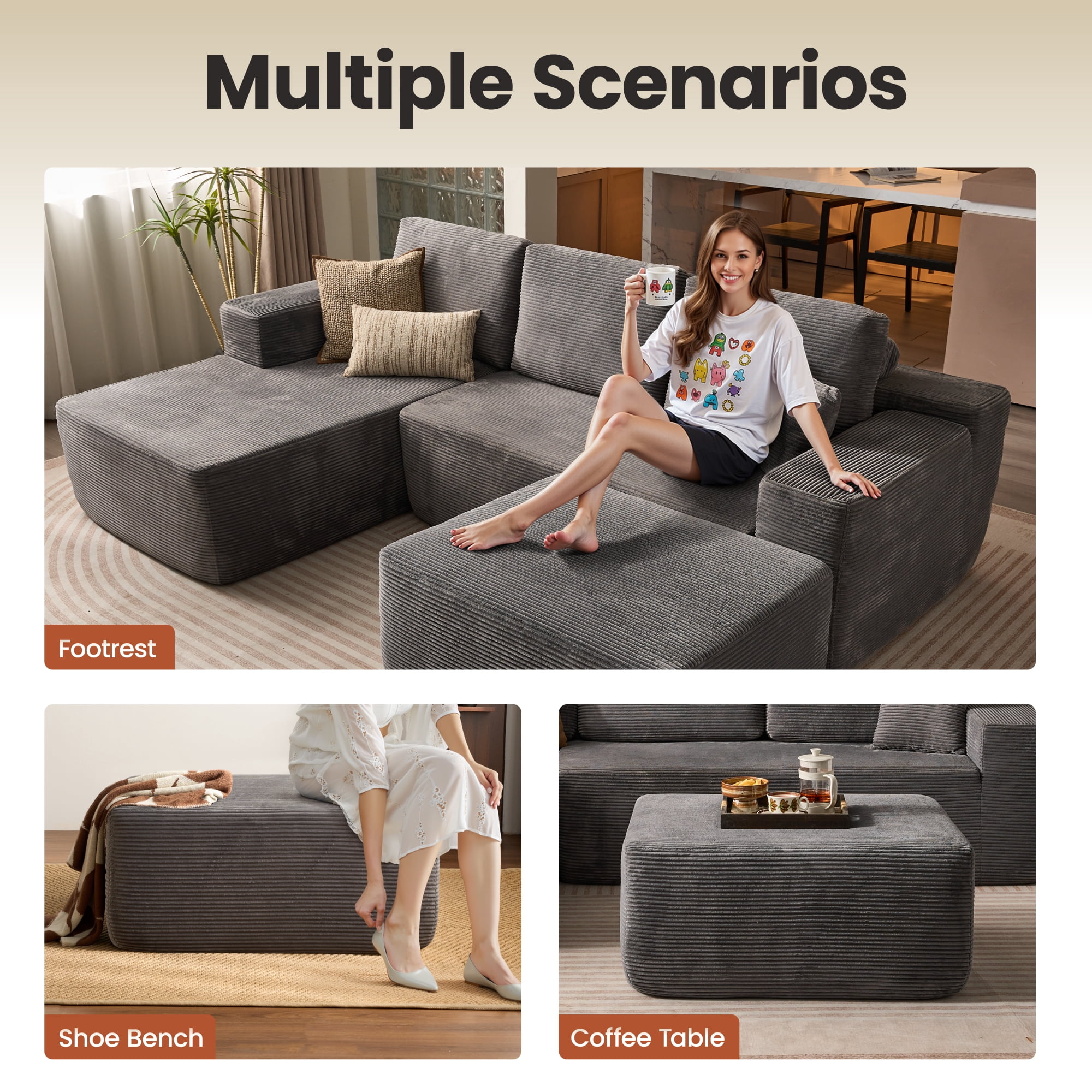 Ovios Oversized Ottoman Footrest for Sofa Large Corduroy Pouf Ottoman Coffee Table Rectangle Floor Bench Extra Seating for Living Room, No Assembly, Gray