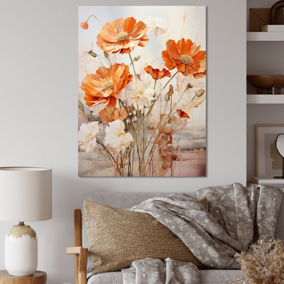 Designart "Fiery Blooms in Orange and Beige I" Floral Canvas Wall Art - Traditional Orange Marigold Entryway Wall Art Print