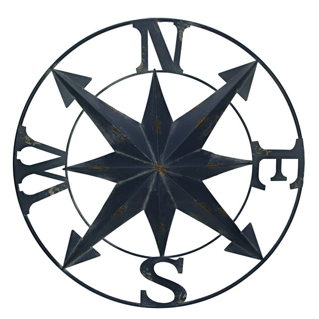 24 Inch Distressed Blue Galvanized Metal Compass Rose Wall Hanging Home Decor