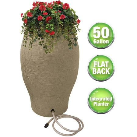 Carnelian Barrel - Rescue 50 Gallon Flatback Stoneware Urn Rain Barrel, 50 Gallons, Sand
