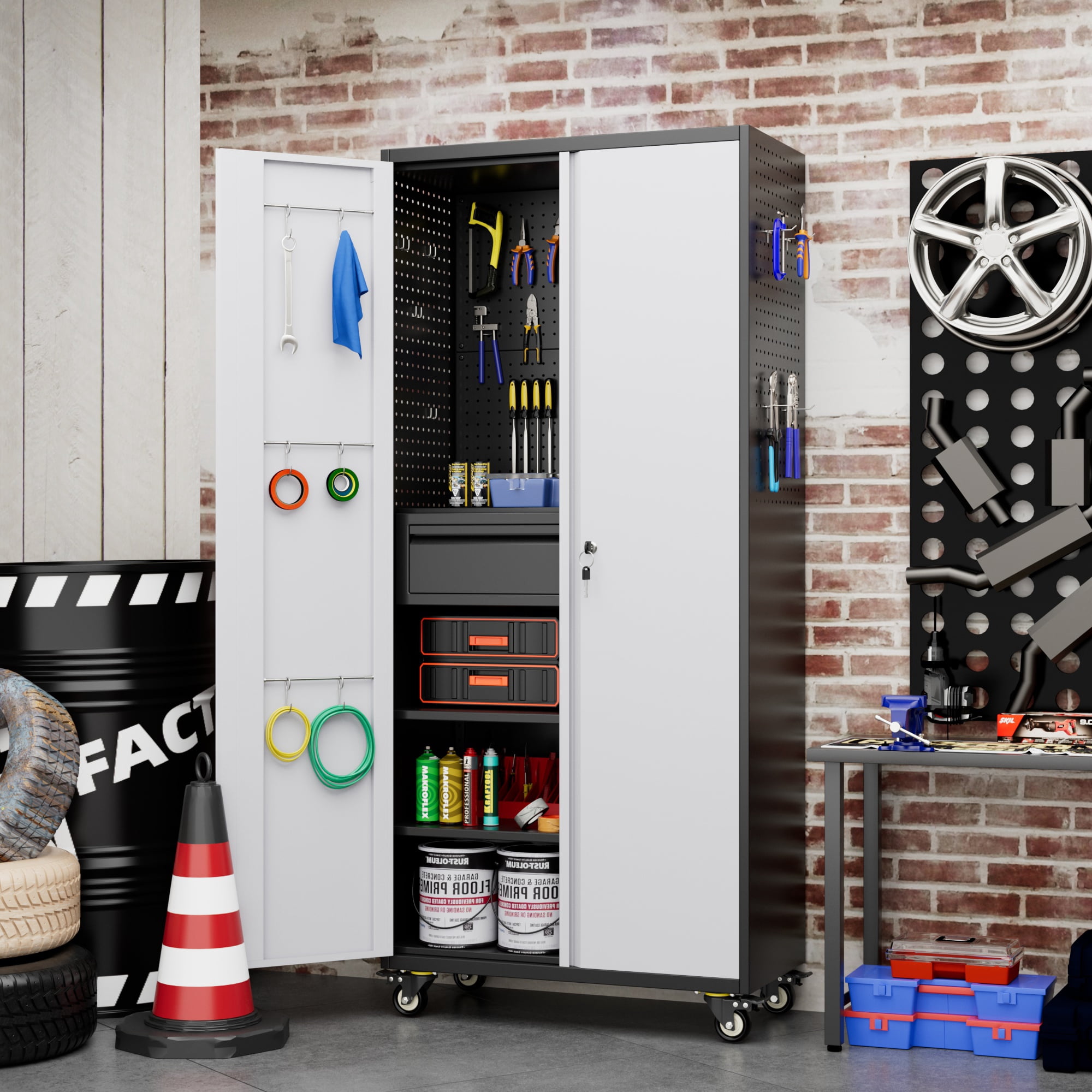 Aobabo 71" H Metal Garage Cabinet with Wheels with 5 Pegboards & 1 Drawer,Lockable Steel Tool Storage Cabinet for Garage,Home,Office,Warehouse,Assembly Required,Black+Gray
