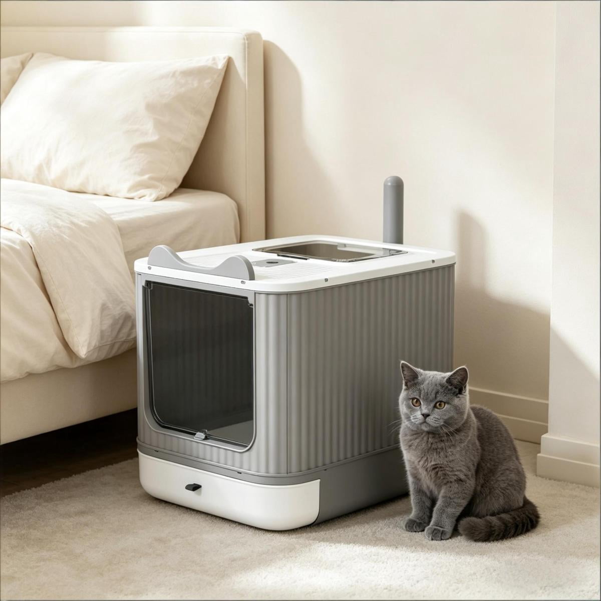 FENGFAN Gray & White Enclosed Cat Litter Box, Front Top Exit with Slide-Out Tray, Odor Control Easy Clean for Small Medium Cats