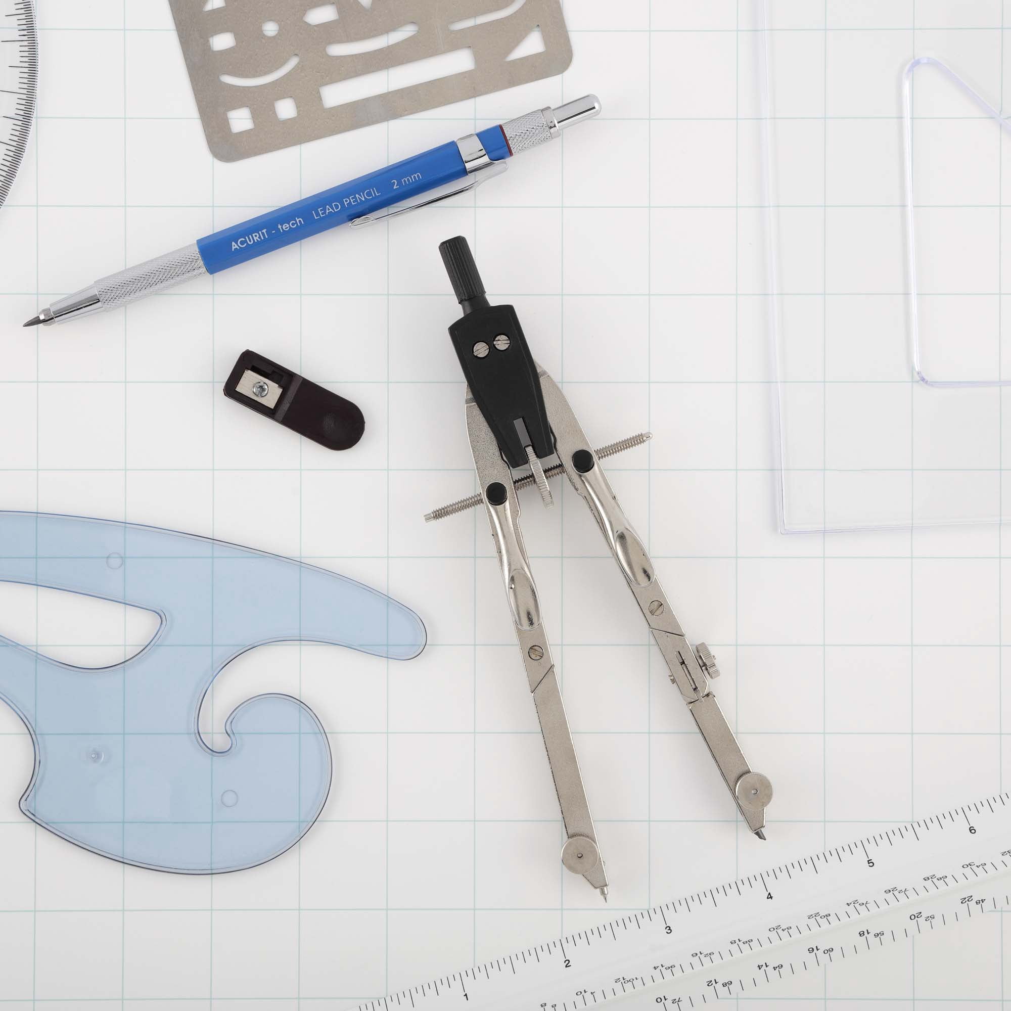 Acurit Drafting Tools Architect Set, 10 Piece Drafting Kit for Architects & Artists: Protractor, Compass, Architect's Scale, 2mm Pencil, Eraser Shield, Triangles, French Curve, Brush