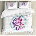 thumbnail image 1 of Live Laugh Love Queen Size Duvet Cover Set, Hand Lettering Motivational Quote with Leaf Frame Illustration, Decorative 3 Piece Bedding Set with 2 Pillow Shams, Violet Red Violet Blue, by Ambesonne, 1 of 3