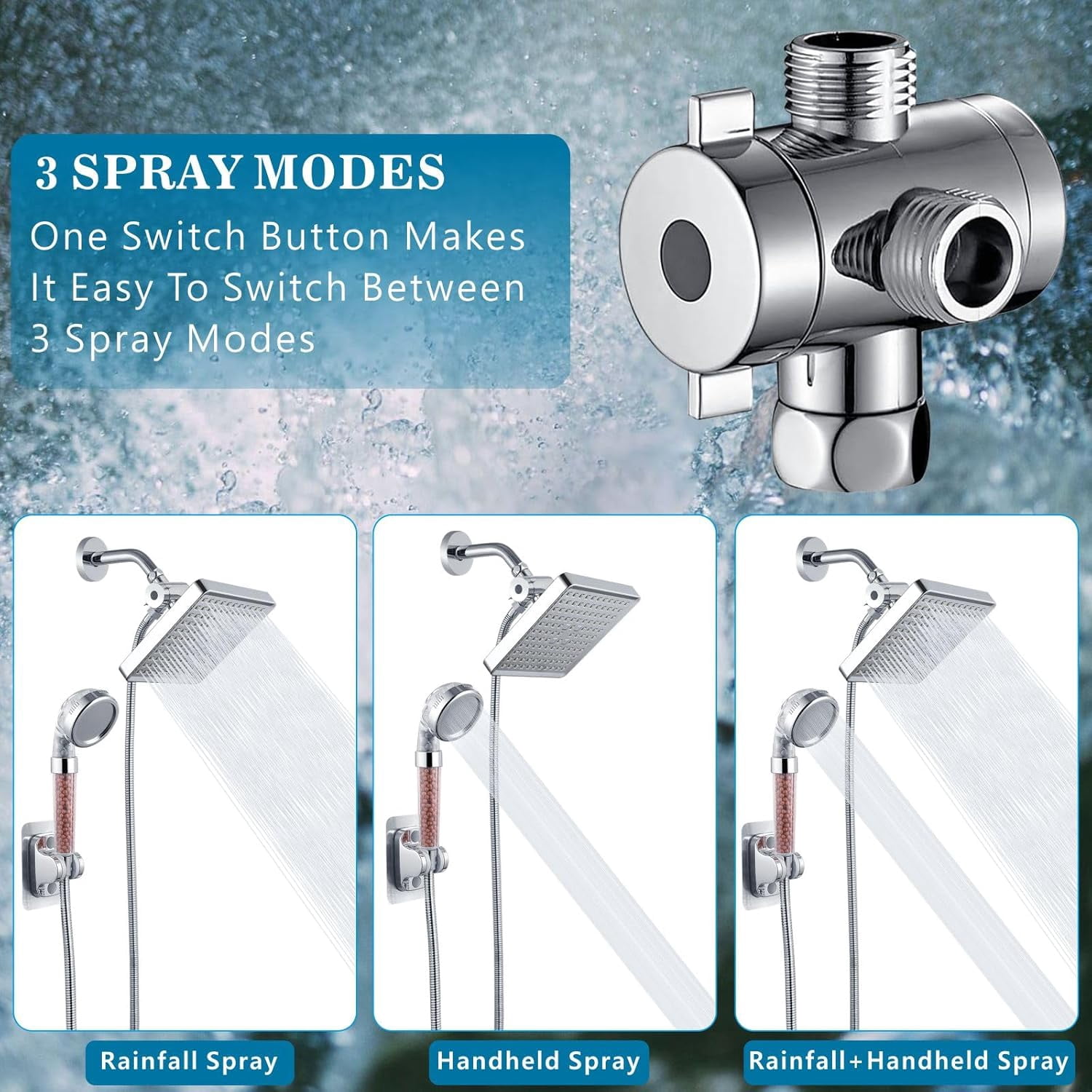 High Pressure Rain Shower Head with Handheld Spray Combo, Hand Held Filter Showerhead with Self-adhesive Holder and Hose (Luxury Chrome)