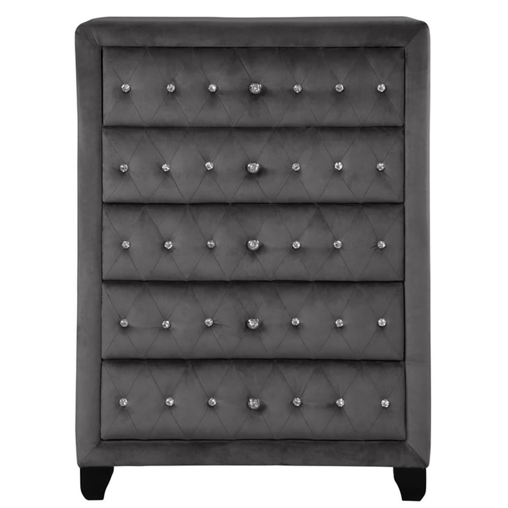 grey velvet dresser Rea Tall Dresser Chest, 5 Drawers With Crystal Knobs, Gray Velvet Upholstery