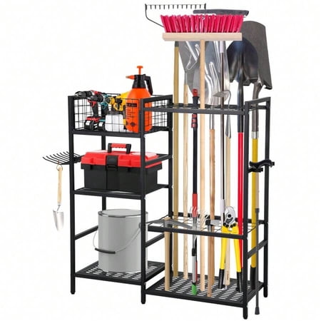 31 Inch Heavy Duty 3-Tier Metal Tool Storage Rack With Basket &ndash; 6 Shelves & 35 Long-Handled Tool Slots &ndash; Freestanding Organizer For Garage Garden Storage Unit &ndash; Multi-Functional Utility Tool Holder