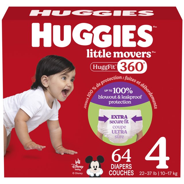 Huggies Little Movers HuggFit 360° Baby Diapers with 360° Waistband, Giga, Size 3-7, Count 76-44