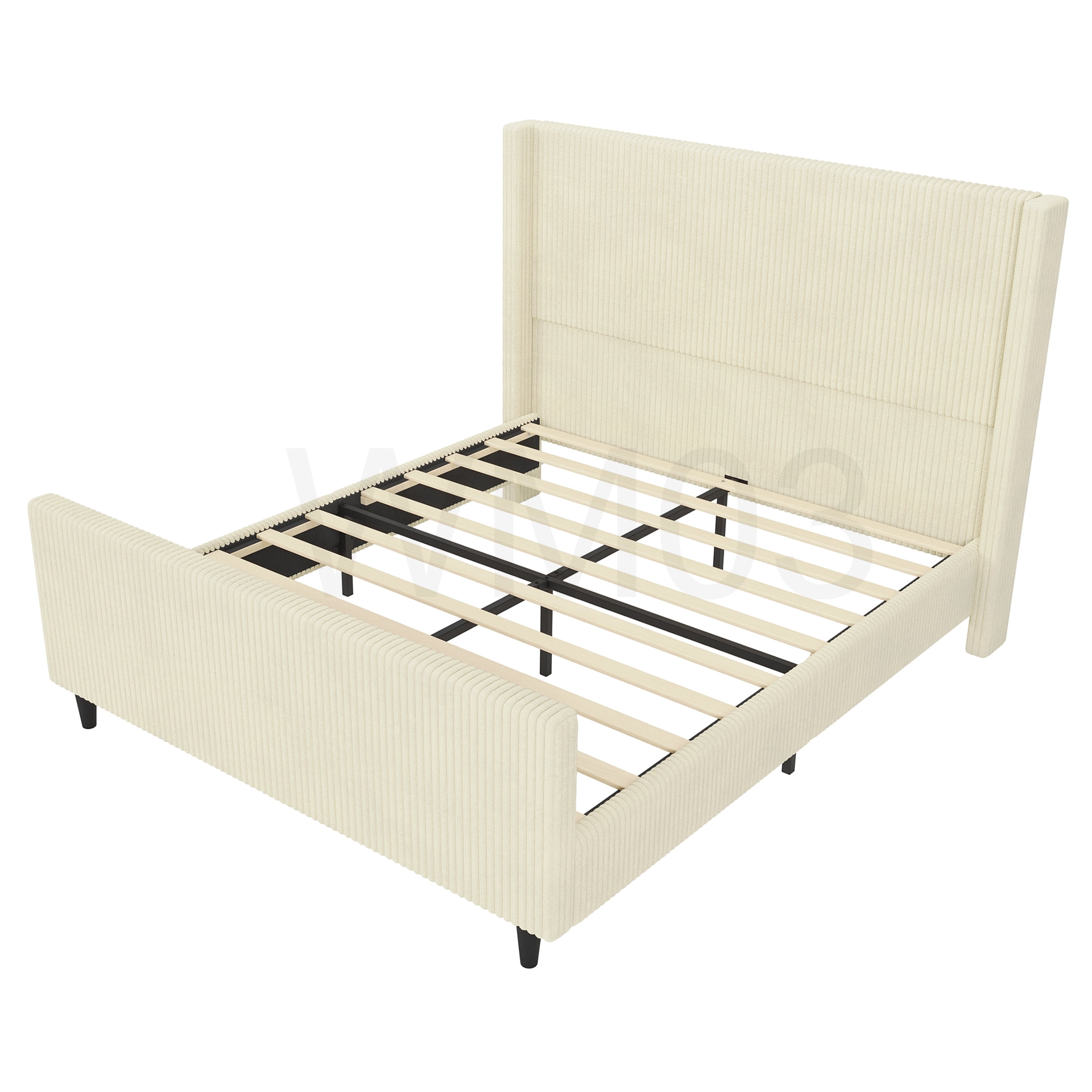 Modern Cream Corduroy Upholstered Queen Bed, Wingback Headboard Platform Frame with Storage Space