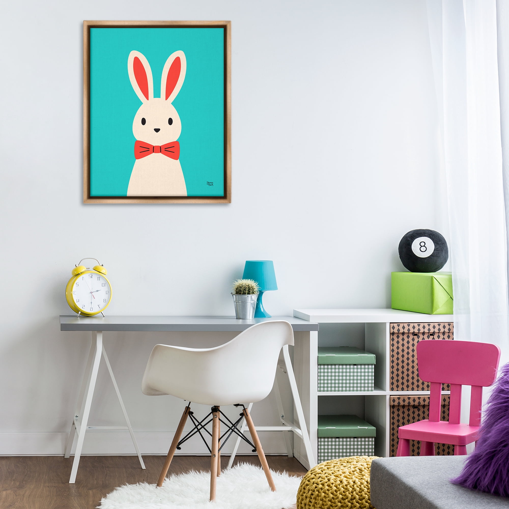 Stupell Industries Rabbit & Bowtie on Turquoise Animals Painting Brown Floater Framed Canvas Art Print Wall Art, 25 x 31