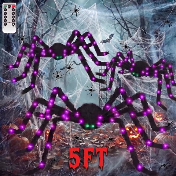 Leyaron Halloween Spider Decorations Set, 5FT and 2 Pack 4FT Lighted Giant Spider Decorations for Halloween Party Indoor Outdoor Yard Home Decor