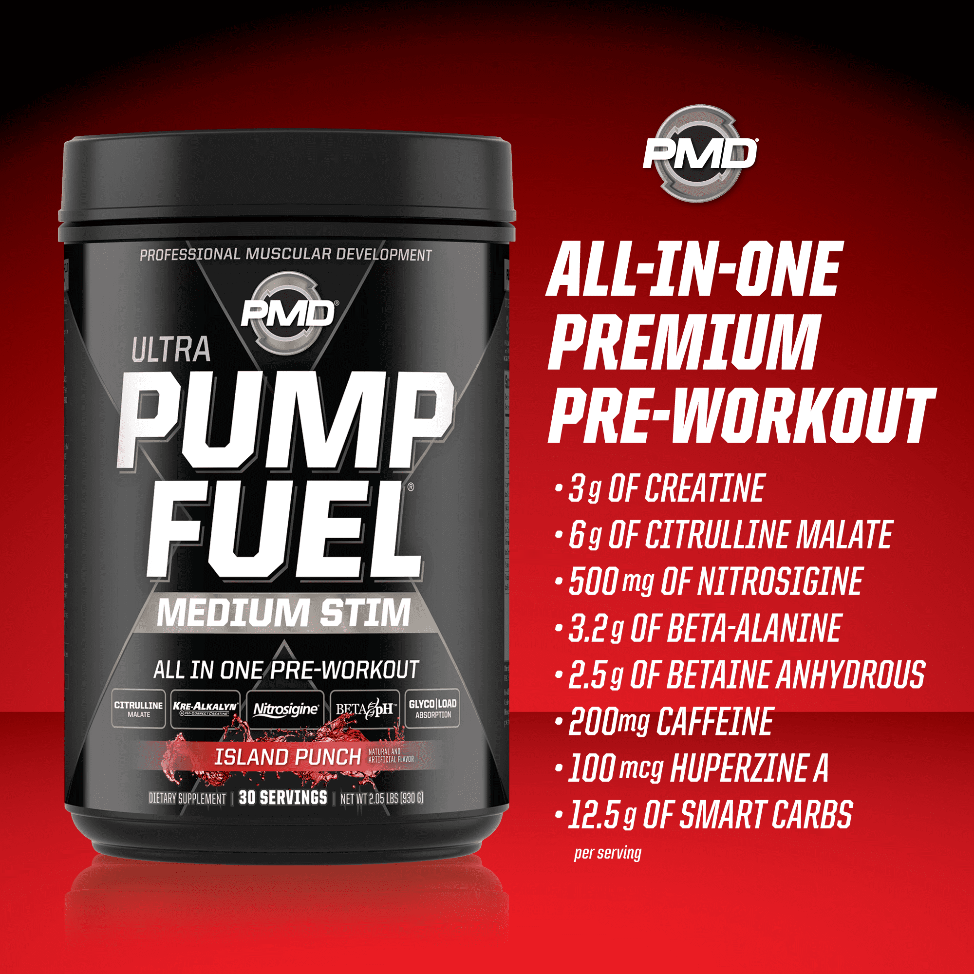 PMD Sports Ultra Pump Fuel - Pre Workout Drink Mix - Energy, Strength, Endurance, Muscle Pumps and Recovery - Complex Carbohydrates and Amino Energy - Island Punch (30 Servings)