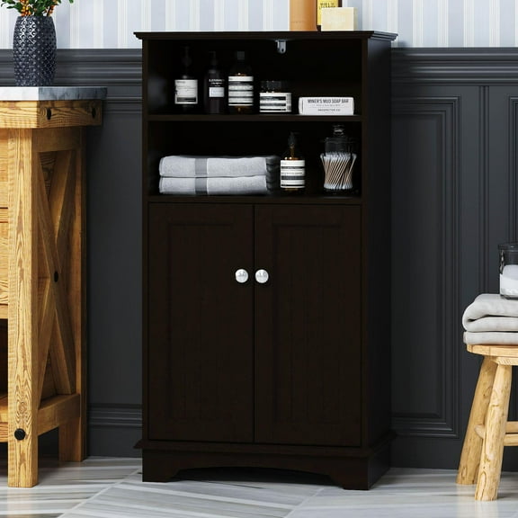 STAROUS  Bathroom Storage Cabinet - Wood Floor Cabinet with Double Doors Adjustable Shelf Free Standing Storage Organizer for Bathroom, Bedroom, Living Room (Espresso)