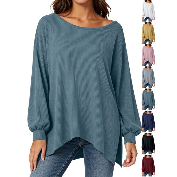 Fall Outfits for Women Dqueduo Women's Casual Loose Long Sleeve Top With Wide Round Neck Slit Detail And Off Shoulder Option