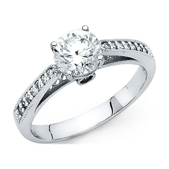 CZ Engagement Solitaire Ring 14k White Gold Anniversary Round CZ Band Bridal Side Stone Ring Size 7