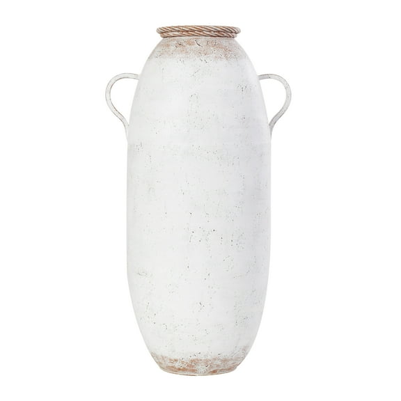 DecMode 28" Antique Style White Metal Vase with Terracotta Accents and Handles