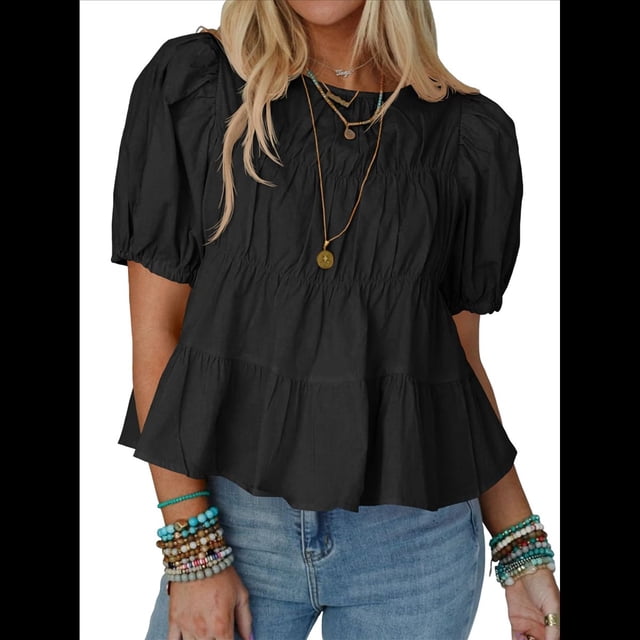 Blusas Babydoll con Mangas Abullonadas y Peplum para Mujer, Camisetas de Algodón Plisadas Ahumadas de Verano, Blusas Casuales Holgadas y Fluidas. Negro M