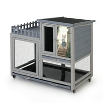 Grey Rabbit Hutch 2-Tier Wooden Bunny Cage with Wheels - Indoor/Outdoor Small Animal House for Rabbits, Guinea Pigs, Chinchillas - Waterproof Roof, Lockable Doors, Removable Tray & Ramp