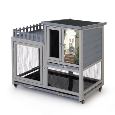 Grey Rabbit Hutch 2-Tier Wooden Bunny Cage with Wheels - Indoor/Outdoor Small Animal House for Rabbits Guinea Pigs Chinchillas - Waterproof Roof Lockable Doors Removable Tray & Ramp