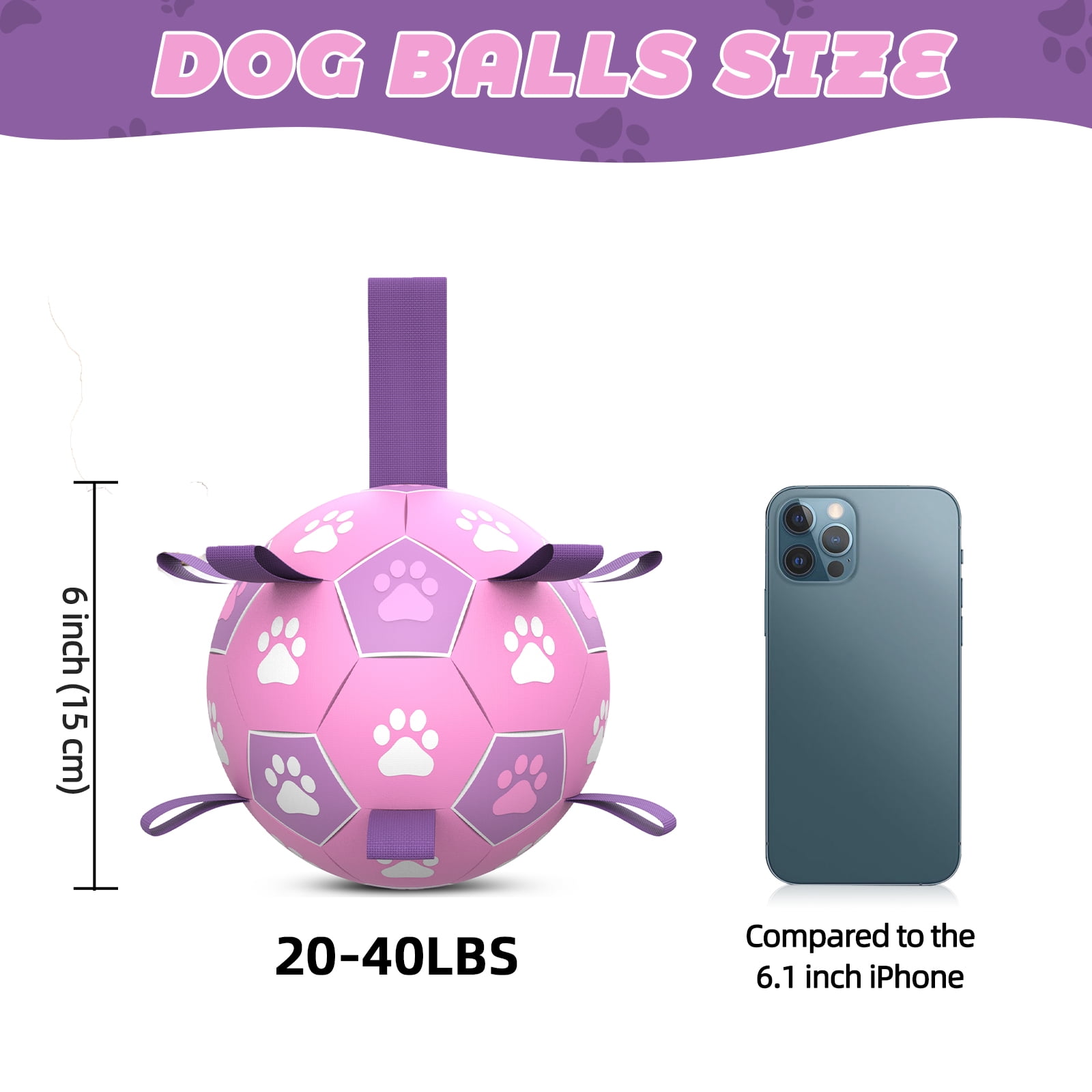 QDAN Durable Dog Toys Soccer Ball with Nylon Straps Hand Pump for Puppies Medium Large Dogs, Pink & Purple, 6-inch