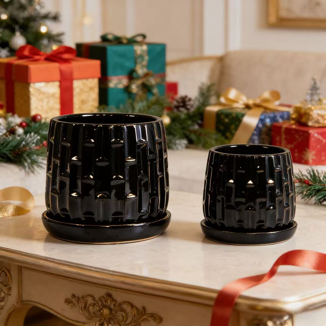 mdj pottery Ceramic Plant Pots, 7 + 5 Inch, Set of 2 Flower Pots with Drainage Hole and Saucer, Bamboo Pattern Planter for Plants Orchids Succulents Indoor/Outdoor, Plant Gifts - Black