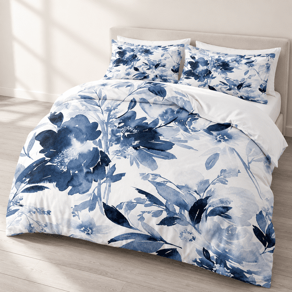 Blue Flower (No Quilt Filling) King Duvet Cover Bedding Set, Botanical Watercolor Print
