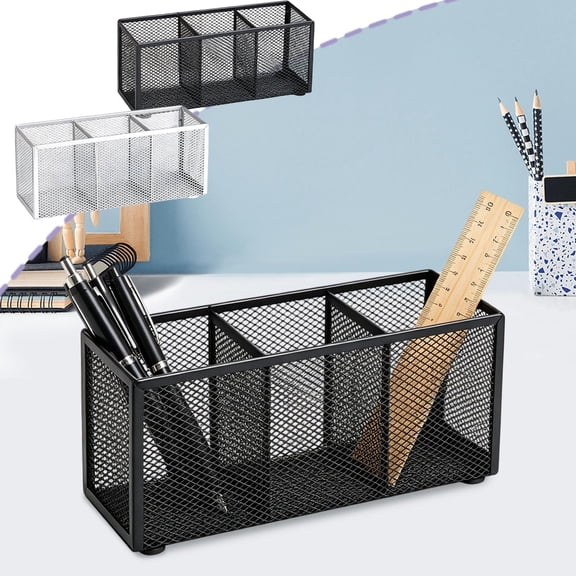 Bowayaoa Compartment Metal Mesh Desk, Non-Slip Base Multi-Purpose Desktop Pen & Stationery Organizer, Rust Resistant Office Makeup Brush Tool Storage Holder in Finish