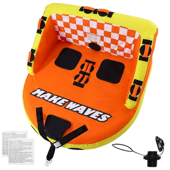 KFFKFF Towable Tube,40 lbs Capacity,Inflatable Tube for 1-2 Riders with Deck Seating and Backrest, 3 Water Sport Tube with Durable Nylon Cover,EVA Material,Orange Yellow