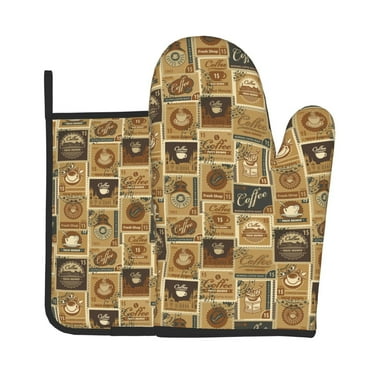 Gaeub coffee Stamps Print Oven Mitts and Pot Holders Sets of 2,Heat Resistant Pad,Cooking Gloves, for Baking BBQ Home Decor