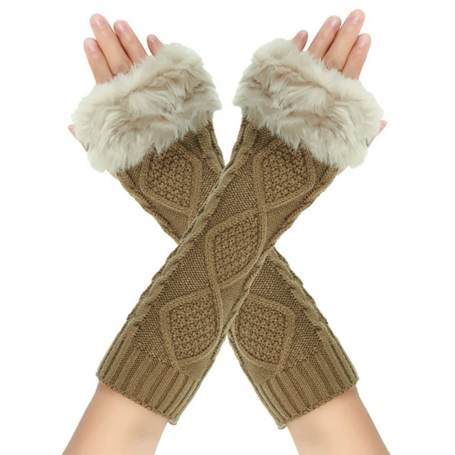 Gants Longs en Fourrure pour Femmes Manches Tricotées Chaudes Sans Doigts