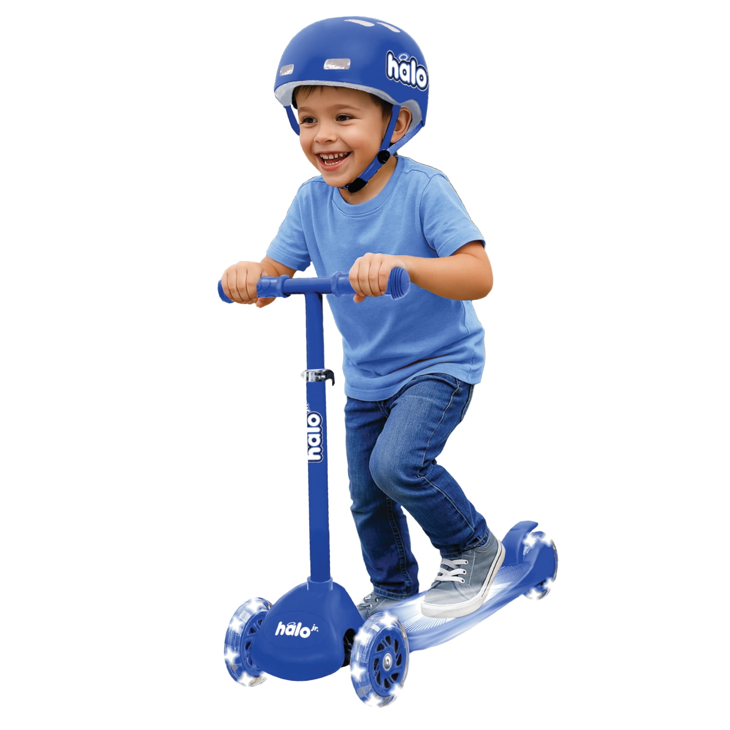 HALO Rise Above Jr 3 Wheel Toddler Scooter and Helmet Set - Blue 2+ - Light up Wheels and Adjustable Helmet