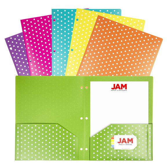 Carpetas Pop De Plástico De Colores De Jam Paper, Carpetas Duraderas De 2 Bolsillos Con Perforadora De 3 Orificios, Colores De Lunares Surtidos, Paquete De 6