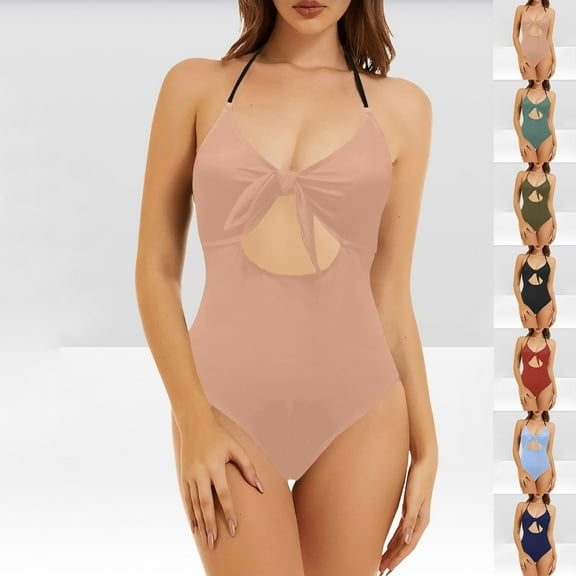 Holiday Promotion UTSJKR Cut Out Swimsuit Women Plunge V Neck Tie One Piece Bathing Suits Cold Shoulder Backless Tummy Control Swimwear Army Green XL