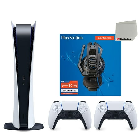 Sony Playstation 5 Digital Version (PS5 Digital) with White Extra Controller, Plantronics RIG 505HS Gaming Headset and Microfiber Cleaning Cloth Bundle