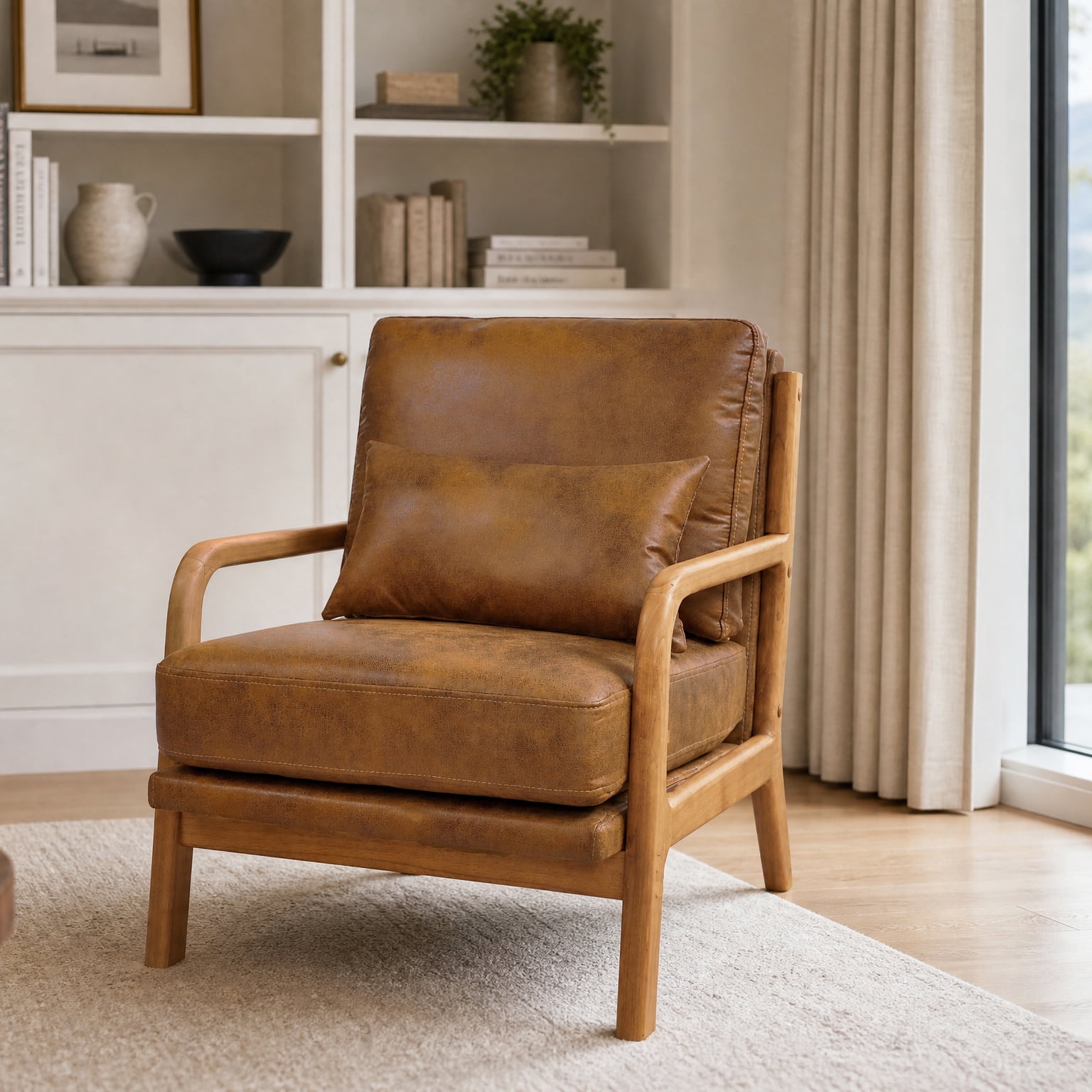 Foam Fabric Accent Chair with Solid Wood Armrests Ergonomic Design for Living Room Bedroom Office