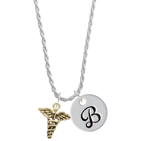 Delight Jewelry Goldtone Caduceus Silvertone Script Initial Disc - B - Charm Necklace, 20"+3"