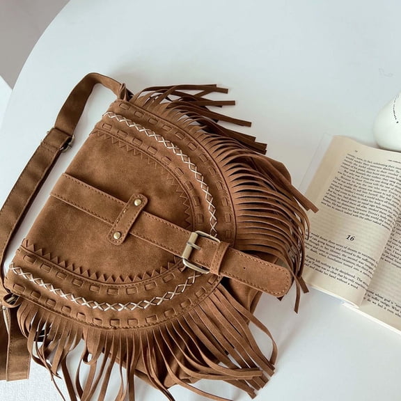 Handmade Faux Suede Shoulder Bag Tassel Bag Retro Saddle Bag Fringed Bohemian Satchel Fashion Handbag for Women Ladies Girls Summer Casual