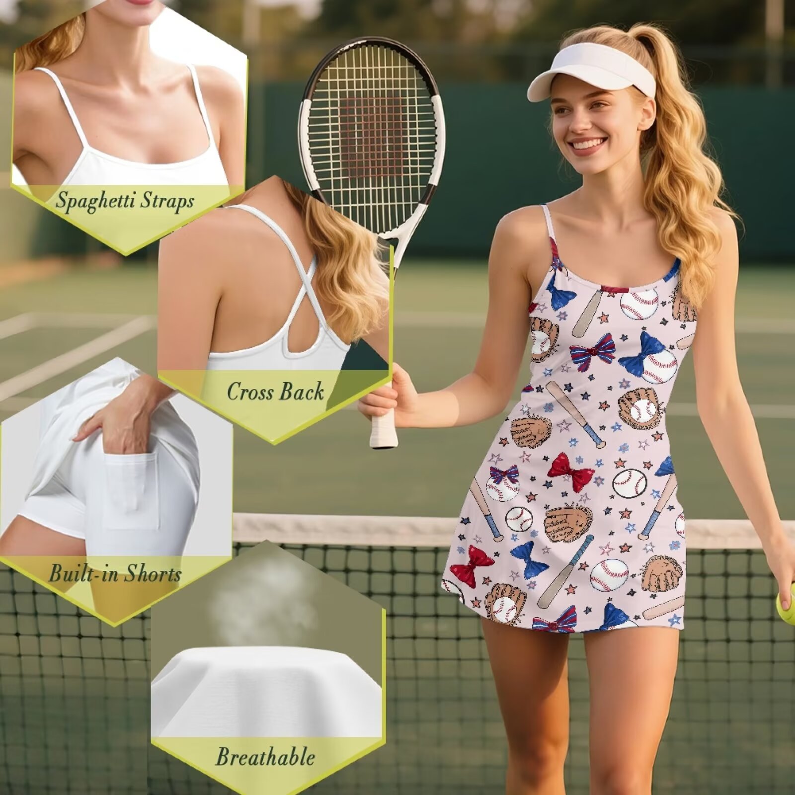 Yuyamidu Baseball Tennis Dress for Women Size L Bow Athletic A Line Active Pink Golf Dresses Summer Casual Spaghetti Strap Sport Dresses for Running